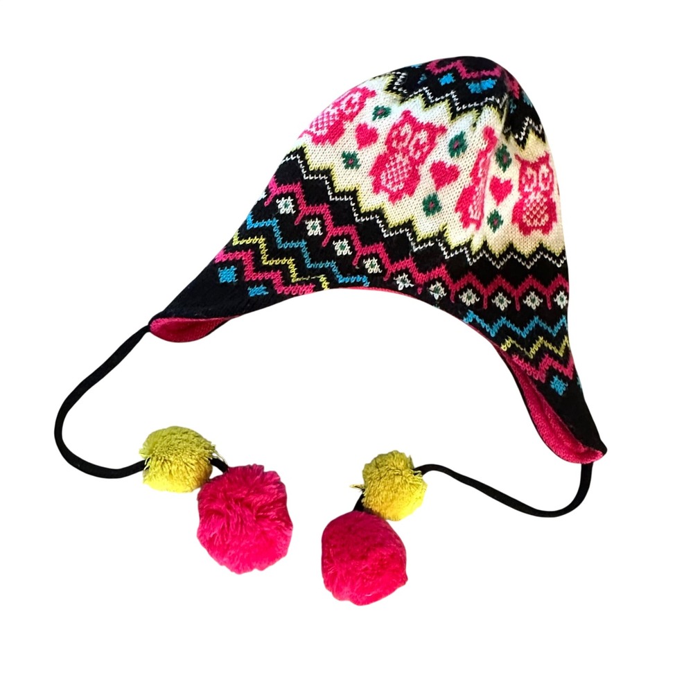 Arizona Jean Co Pink Owl Fair Isle Trapper Hat Pom Pom Ear Flap Beanie Cozy OSFM